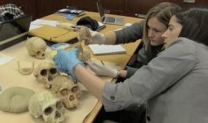 2.Heather Garvin and Jill Scott studying Homo naledi skull material at the Evolutionary Studies Institute at the University of the Witwatersrand in Johannesburg, South Africa. Photo by John Hawks/University of Wisconsin-Madison
