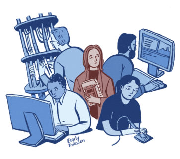 illustration of woman in blazer with notepad surrounded by tech professionsals.