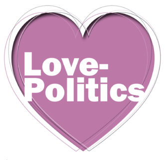 Illustrated heart with "love politics" written in the center.