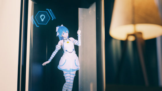 A digital representation of a blue haired girl with a light bulb above her head.
