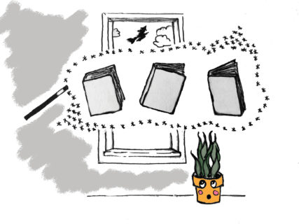 Illustration of a potted plant with a face, that's looking surprised at the books and magic wand floating in front of a window. A witch flies on a broom in the distance.