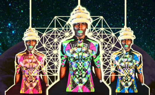 Artwork showing three identical black men in brightly colored tight-fitting bodysuits connected by webs of light, against a starry night sky.