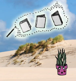 An illustration of a potted plant (with a suprised face on the pot)is superimposed onto a photo of sand dunes. Drawings of a magic wand and levitating books floats above the dunes.