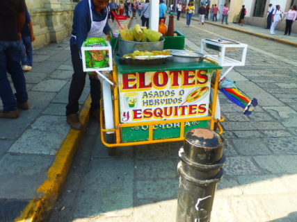 A foodstand in a stone-ladden street. A man in an apron stans behind a pushcart, roasting corn.