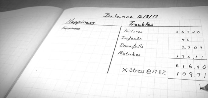 photo shows a notebook balance sheet, one column is labeled “happiness” and the other, “troubles.” In the happiness column, the single entry, which also reads “happiness,” is scribbled out. The other column has a list that reads “failures, defeats, downfalls, mistakes,” each assigned a number value. At the bottom of this column, a pen is pressed to the paper, it appears to just have written “x stress @ 17.81%”.