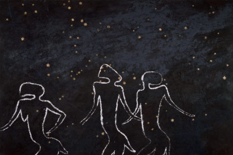 The outline of three bi-pedal figures against the backdrop of a starry night sky.