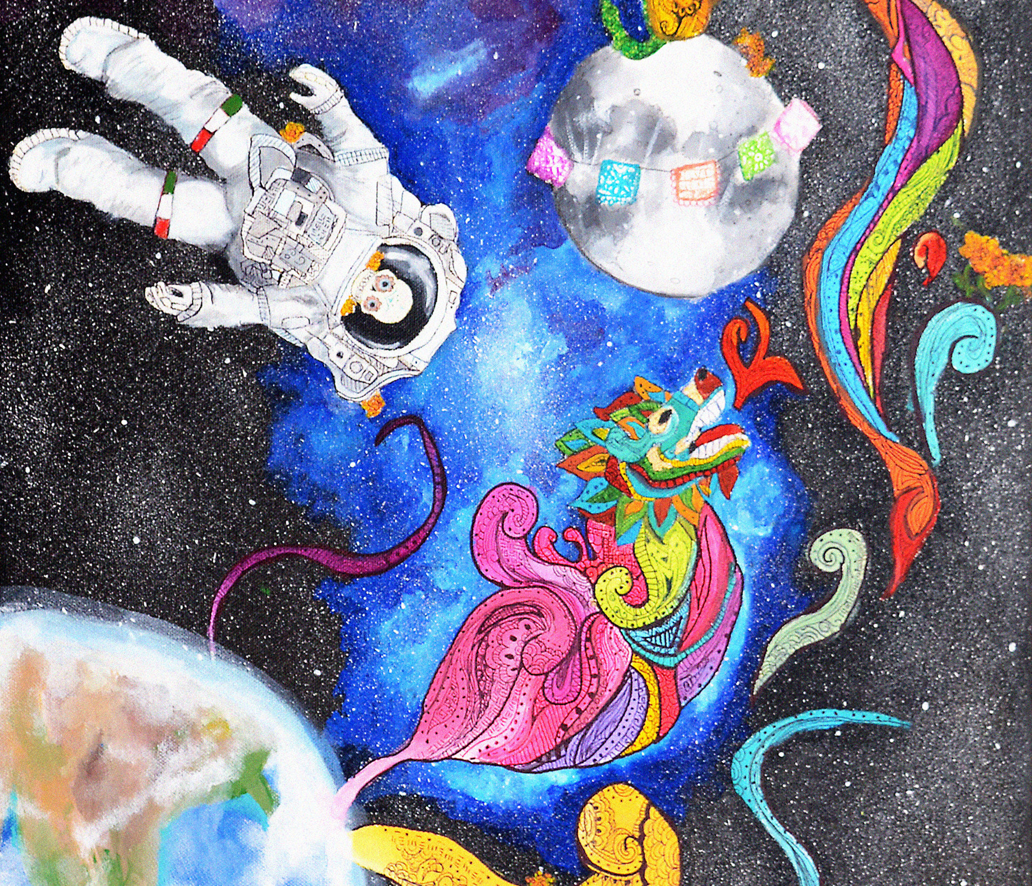 The image includes a water painting of a star-filled galaxy with the earth and the moon in the background. In the foreground, a Día de los Muertos skull astronaut and a stylized Chinese dragon float in front of the galaxy background. Purple-blue blocks sit on the top and bottom of the image.