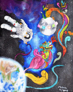 A cover of “The Sections Edition: Moon Landing” of “Anthropology News” from July/August 2019, Volume 60, Issue 4, which is published bimonthly by the American Anthropological Association. The cover includes a water painting of a star-filled galaxy with the earth and the moon in the background. In the foreground, a Día de los Muertos skull astronaut and a stylized Chinese dragon float in front of the galaxy background. Purple-blue blocks sit on top and bottom of the image.