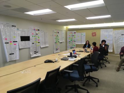 Three people sit at a rectangular conference table in a room. The walls are covered with large pieces of paper marked with dates, times, and colored stickers.