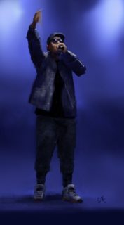 A painting of a person in sunglasses and baseball cap with their arm up in the air while they speak into a handheld microphone against a violet and white background.