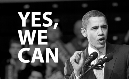 Black and white photograph of Barack Obama with the words of his campaign slogan "Yes, we can" 