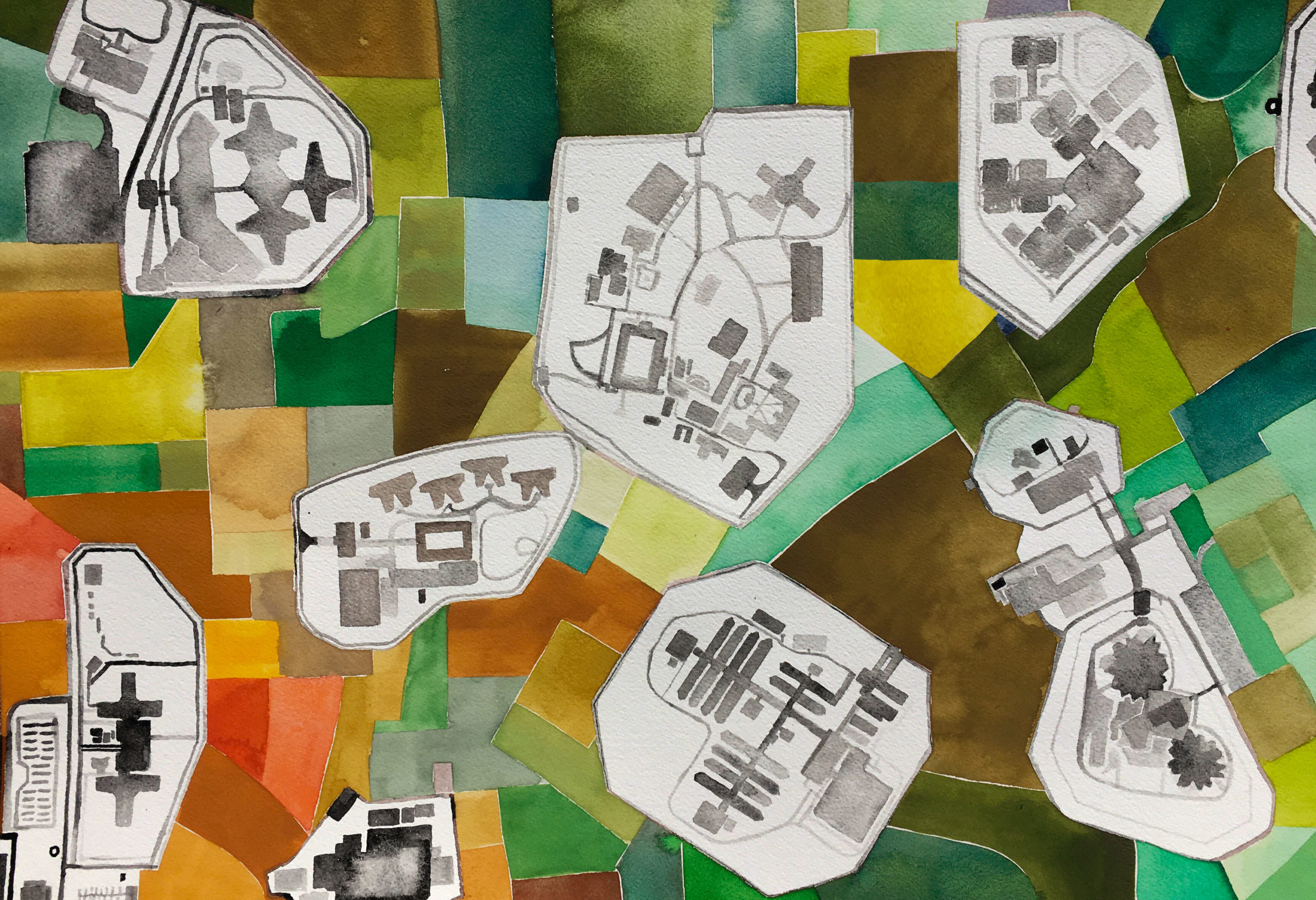 A painting including a patchwork of colors and outlines of buildings