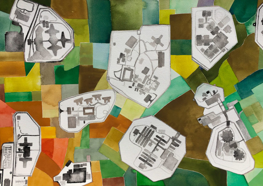 A painting including a patchwork of colors and outlines of buildings
