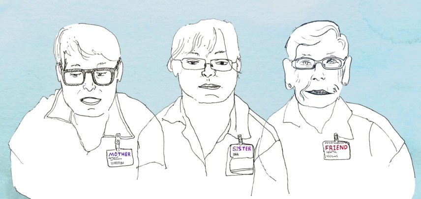 A line drawing depicting three women with glasses.