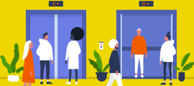 Illustration of people walking past and waiting for elevators.