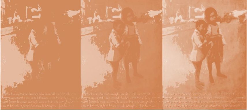 Three iterations of a painting of two girls all monochrome