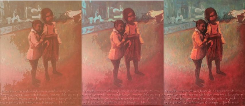 Three iterations of a painting of two girls