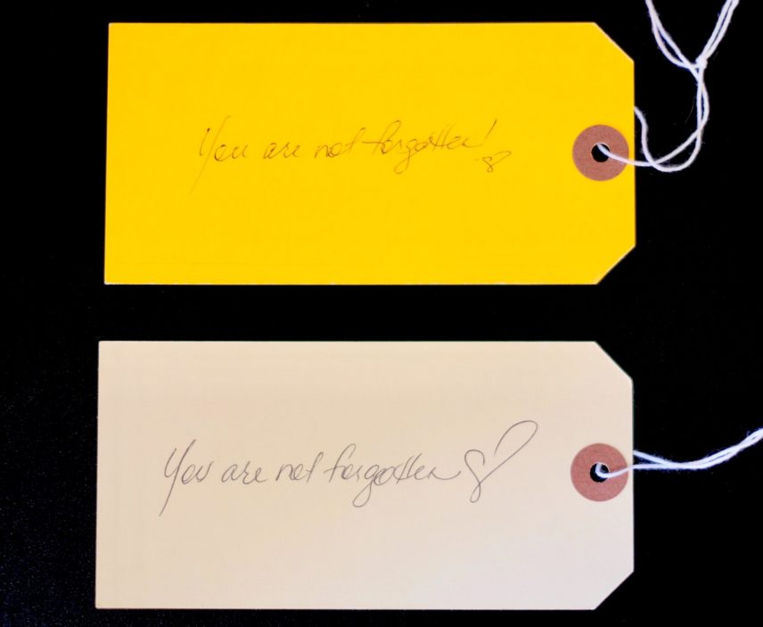 Photograph of two toe tags.