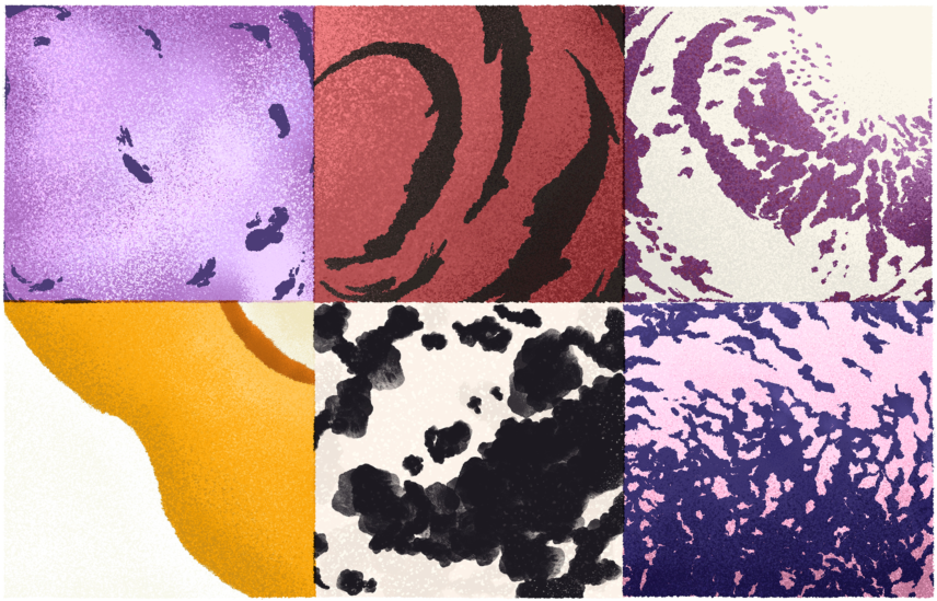 Two rows of three images that consist of different swirls and splotches.