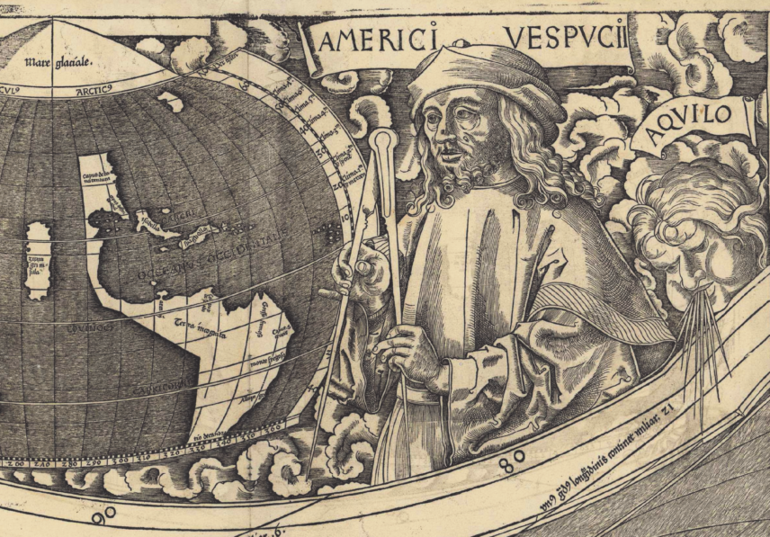 Detail from a drawn map, including a portion of the globe and a person.