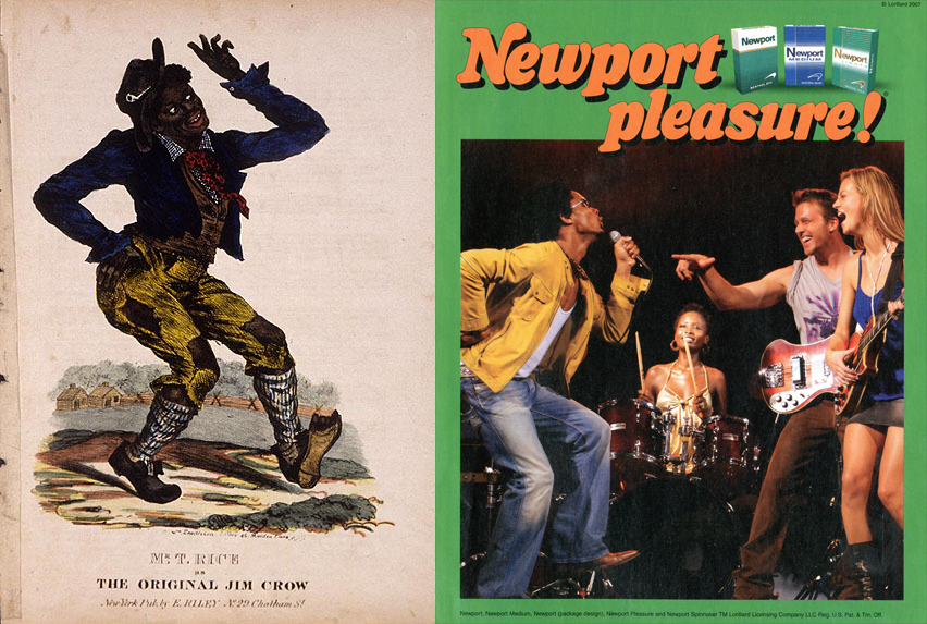Two images side by side, one a depiction of someone in blackface and the other a modern day cigarette ad