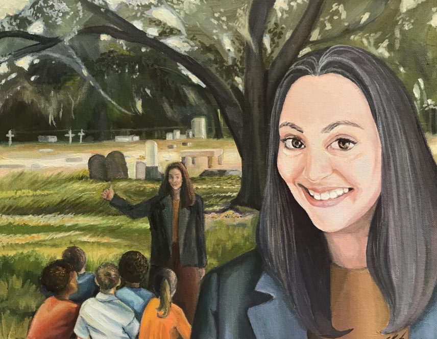 Illustration of a woman from the shoulders up and a background that includes another group of people under a tree