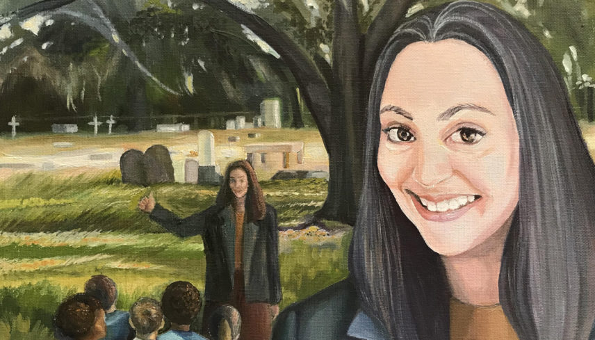 Illustration of a woman from the shoulders up and a background that includes another group of people under a tree