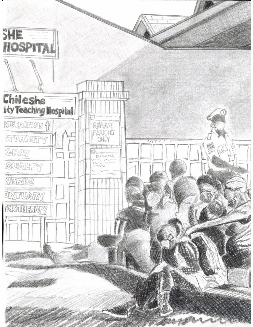 Black and white illustration of people sitting together outside of a hospital