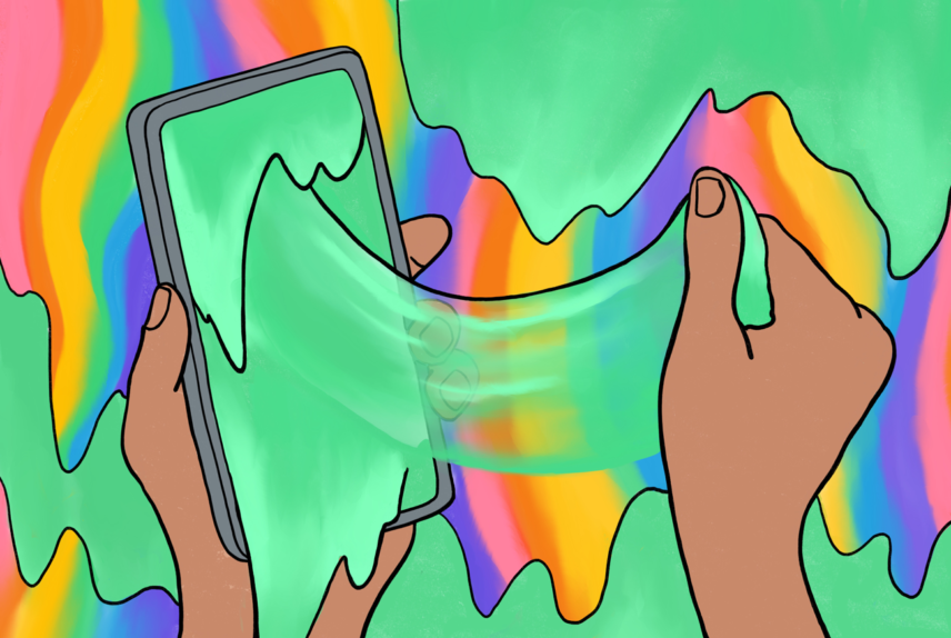Illustration of a person holding a phone and stretching slime from it