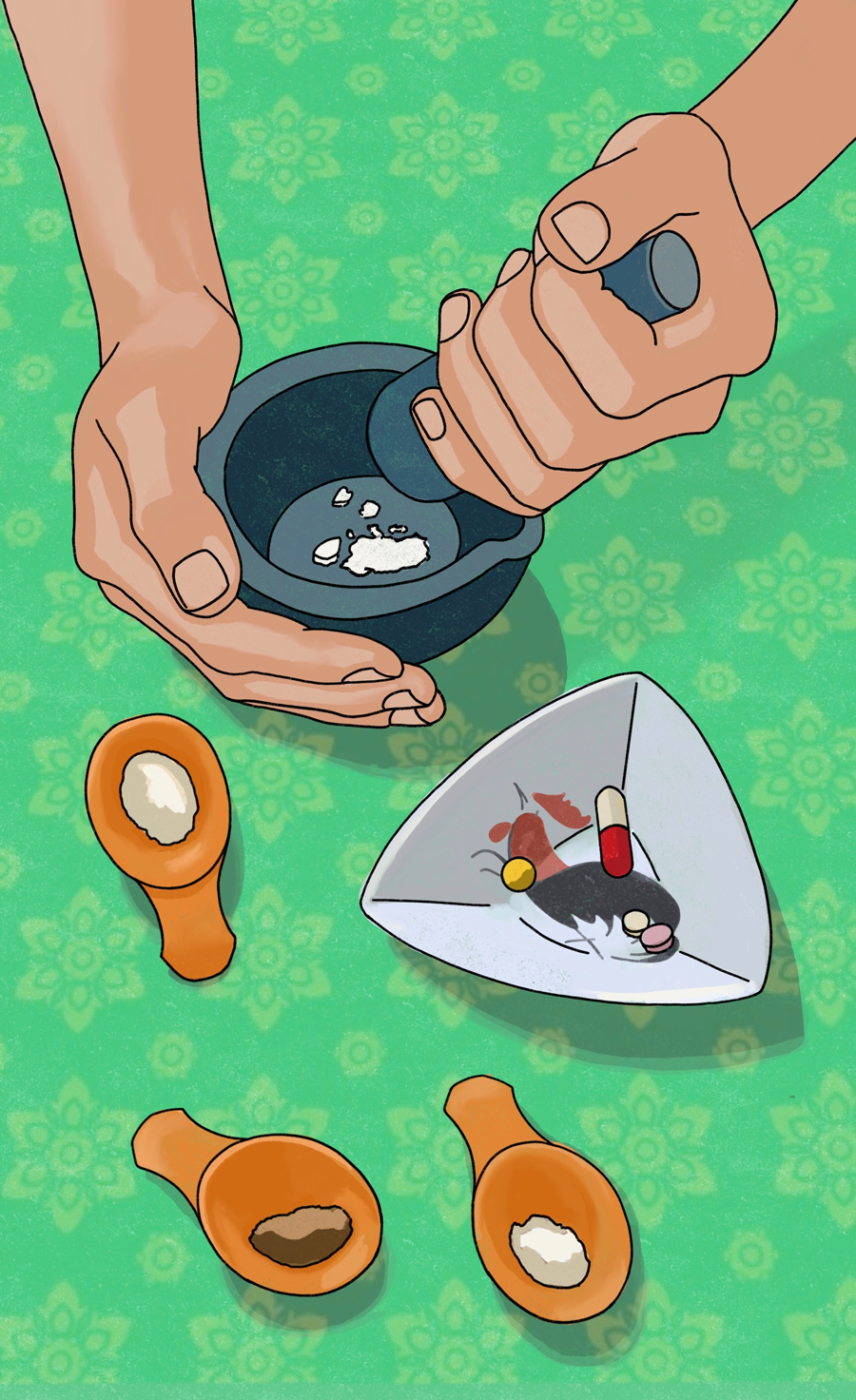 Illustration of someone grinding medication