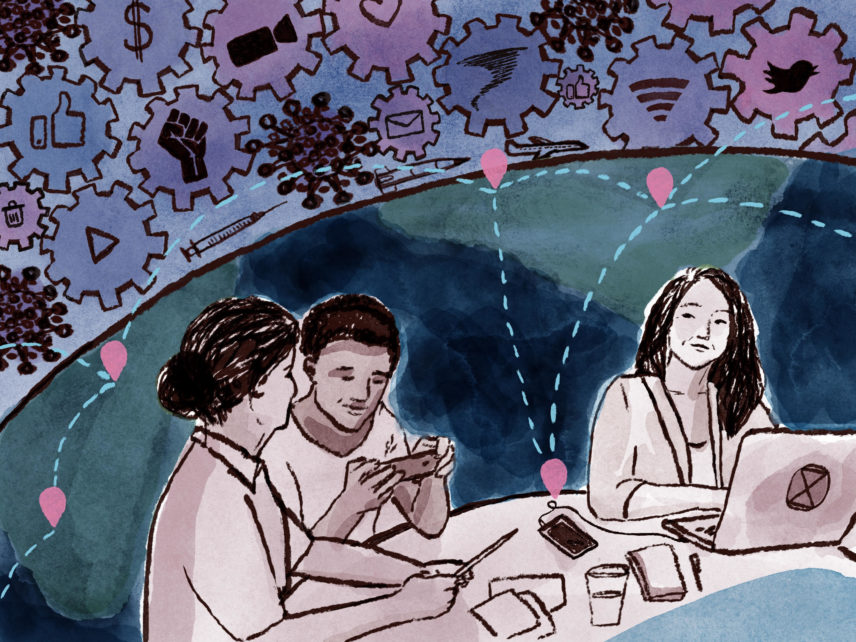 Illustration of people sitting at a table working together with the world behind