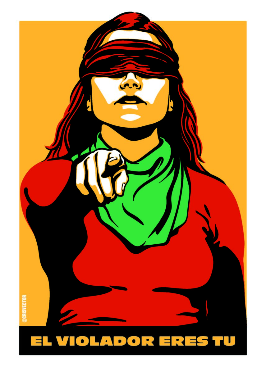 Illustration of a woman whose eyes are covered by a bandana and she is pointing at the viewer