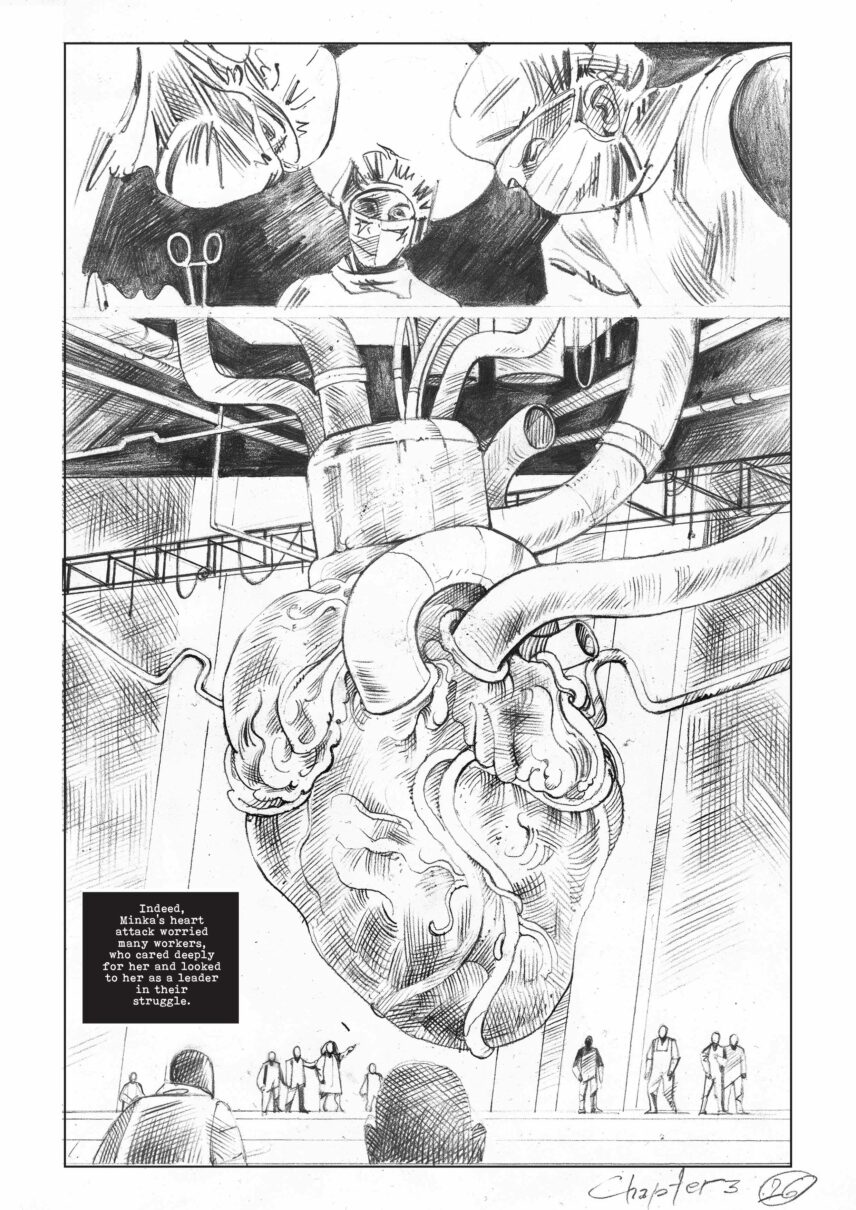 An illustration of a human heart connected to factory machinery, above which doctors perform surgery.
