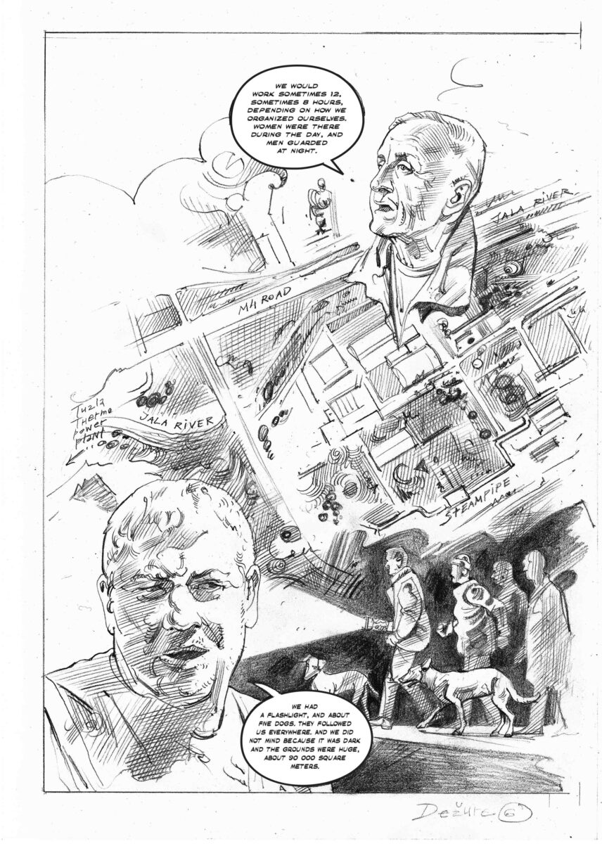 An illustrated aerial view of a factory campus interspersed with illustrations of workers patrolling the grounds.