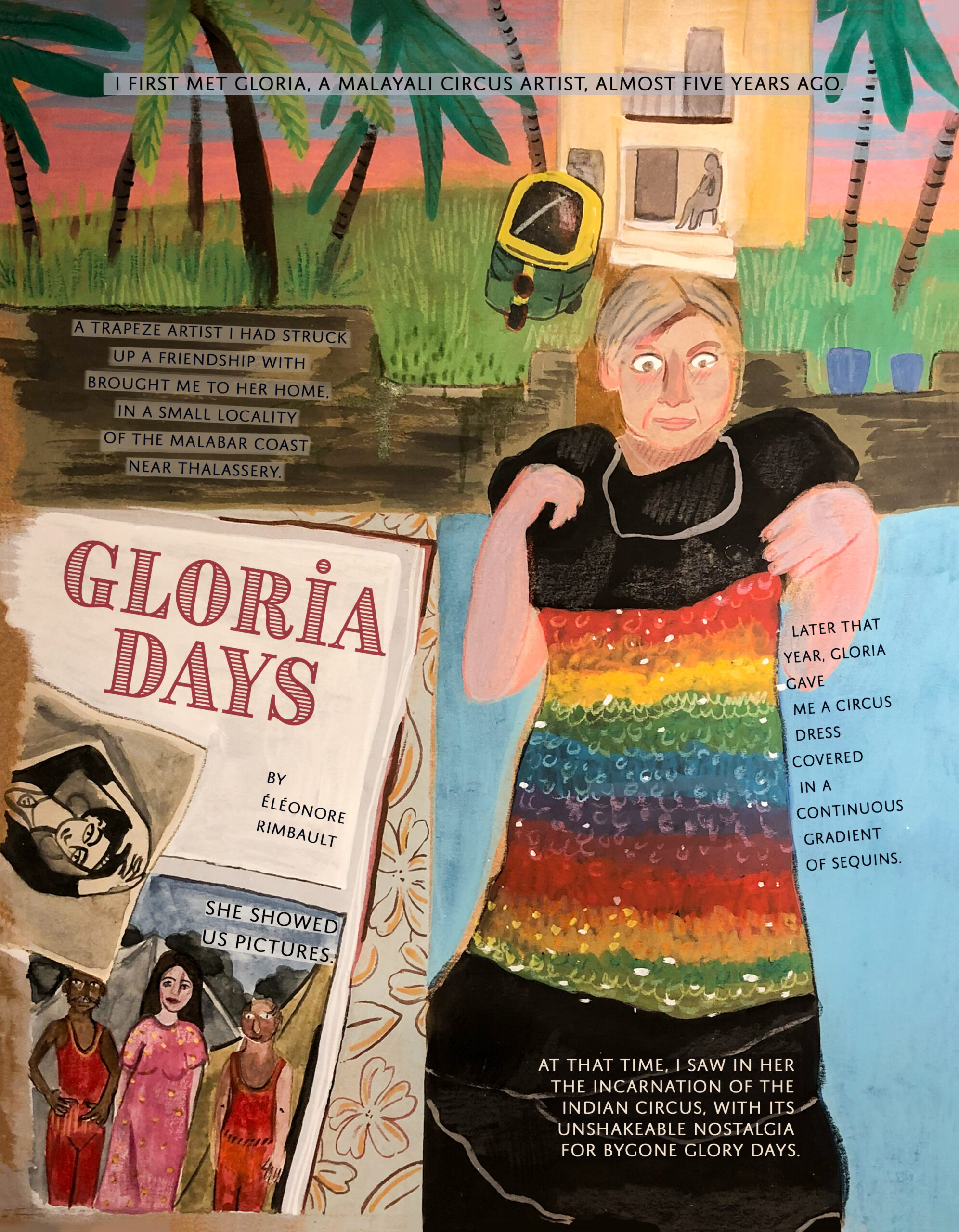 Comic panel featuring a retired female circus artist holding a circus dress. Her photo album, and the outside of her house are also featured in the image.