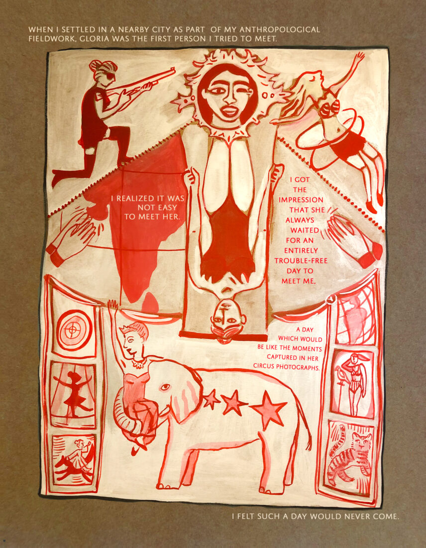 A panel drawn in the style of circus posters, evoking Gloria’s showmanship