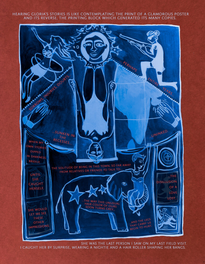 A panel evoking both the negative of an image and the style of a circus poster, reflects visually on the concealed aspects of an artist’s life.