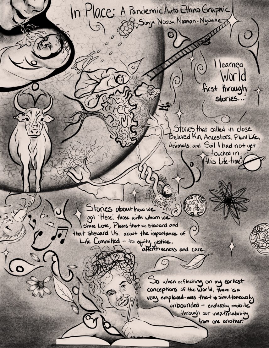 Comic depiction of author sketching, remembering and reconstructing Stories that defined the landscape of the World they inhabited and imagined as a child.