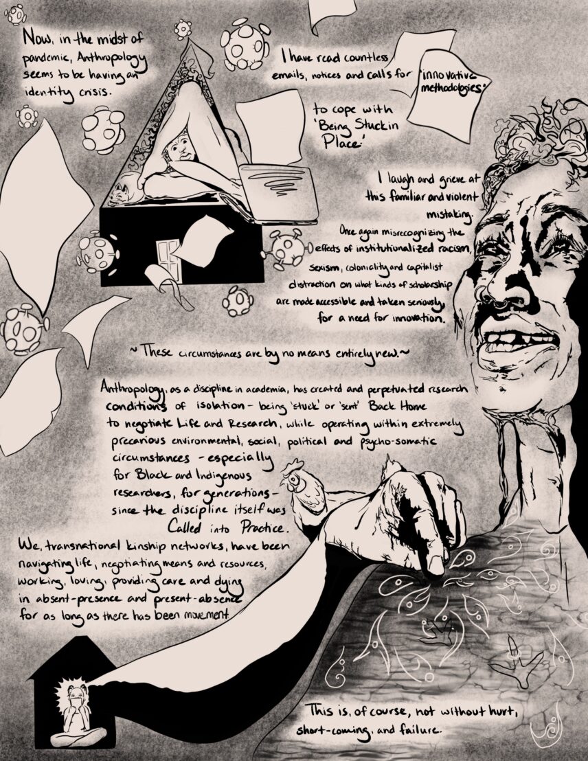 Black and white illustration of people existing in a pandemic