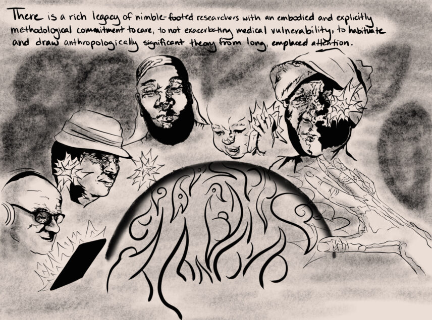 Black and white illustration of people and a globe