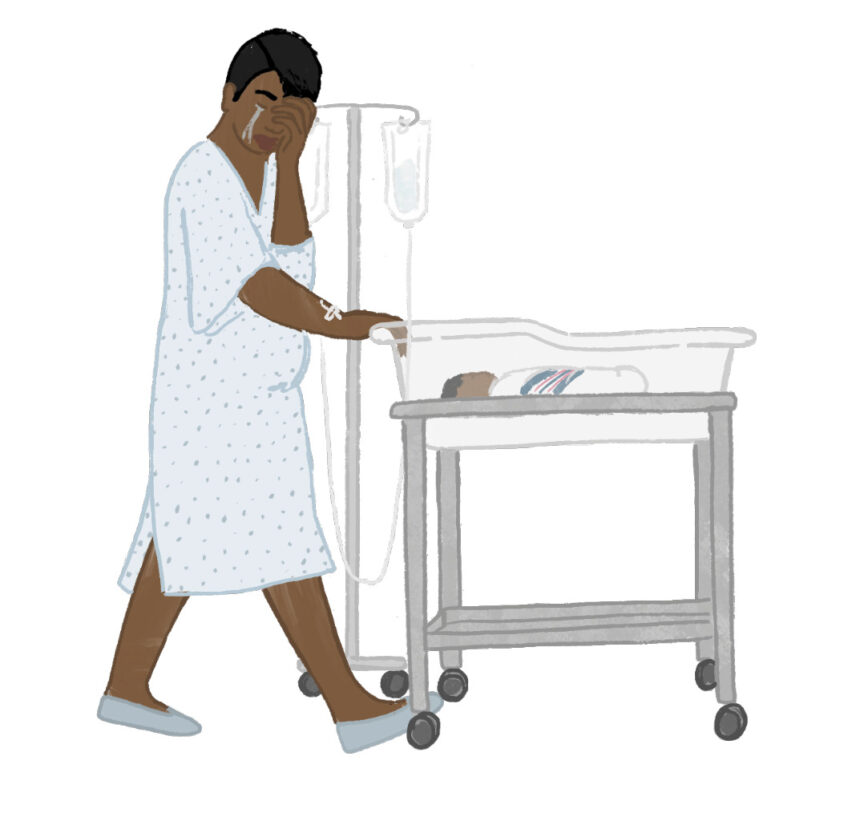 Illustration of a Black woman pushing her newborn baby's mobile crib