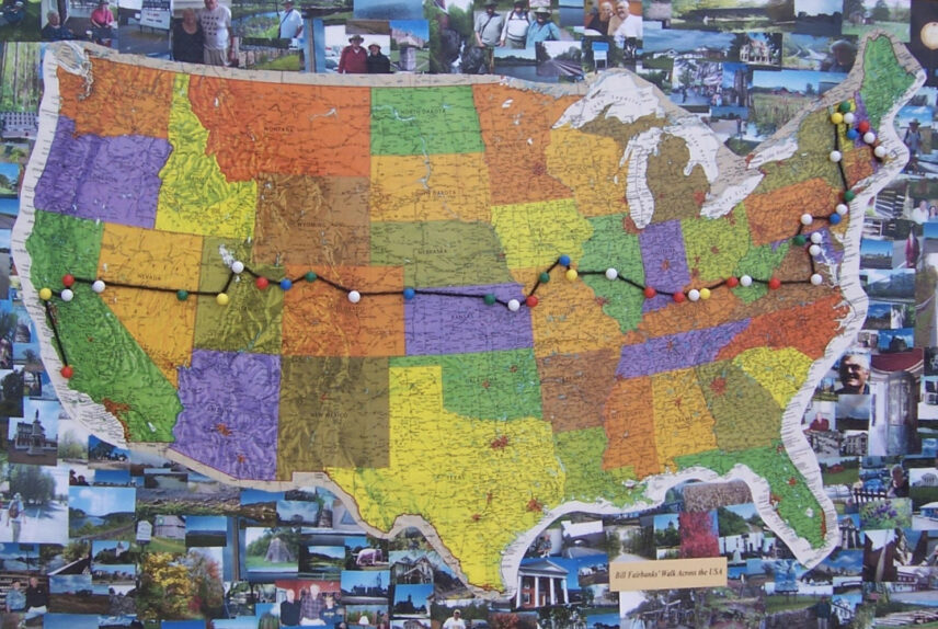 Map of USA with a route marked across it set atop a collage of pictures