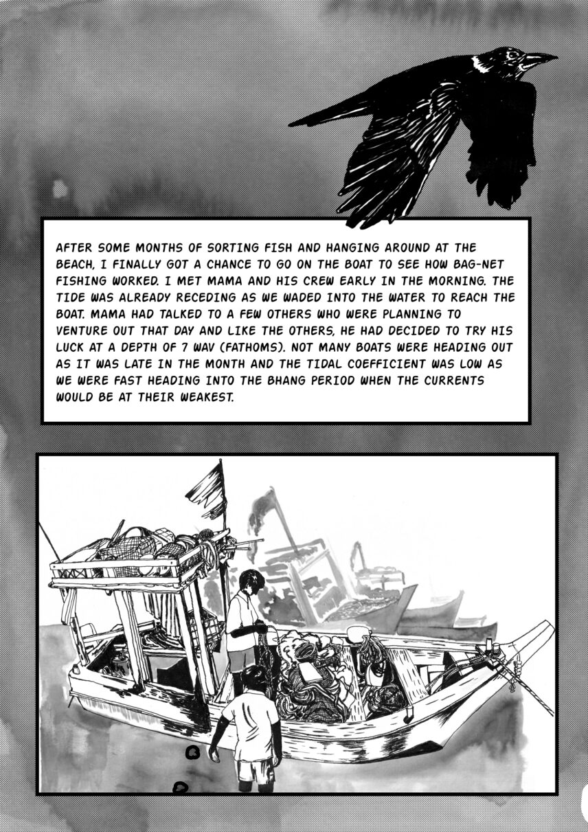 Comic book page one, depicting a boat.