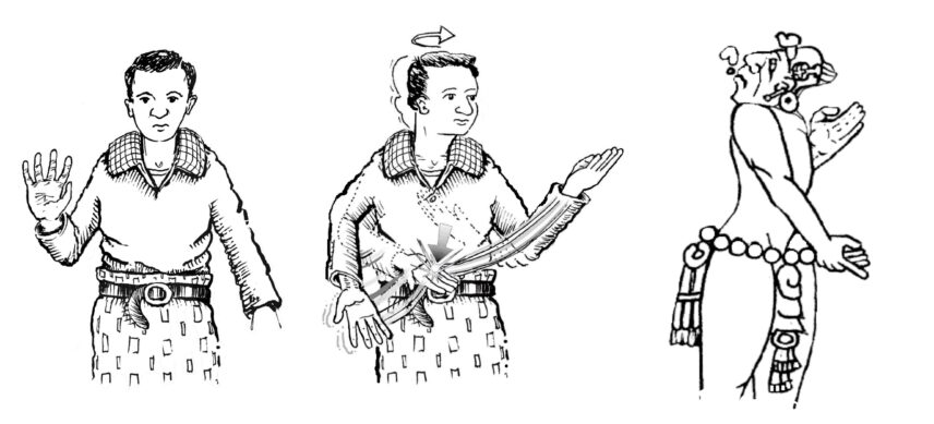 Three illustrations of people