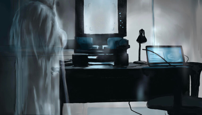 Painting of a ghost in an office