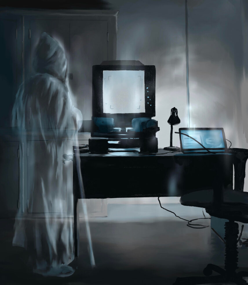 Painting of a ghost in an office