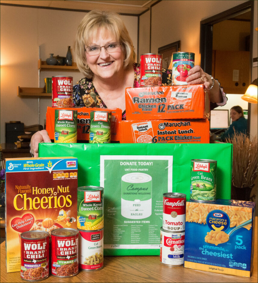 Photograph of the University of North Texas (UNT) Food Pantry with unidentified food pantry staff member.