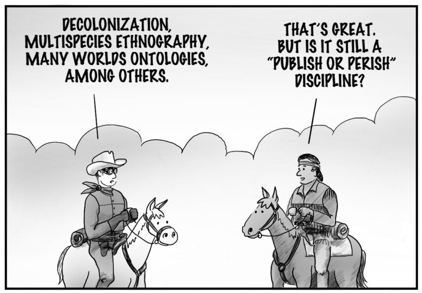 An illustrated black and white comic panel of two people on horseback talking.