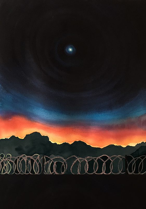 Painting of either a sunset or sunrise over hills and a line of barbed wire