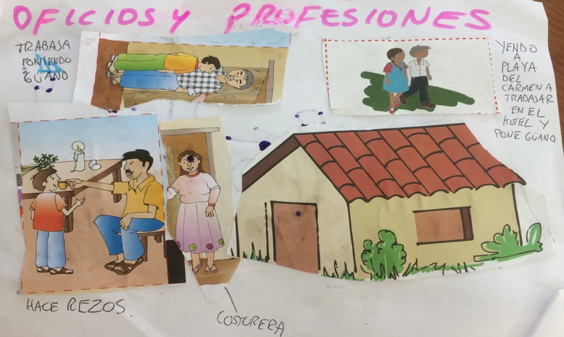 A photograph showing five comic book clippings of a workbook representing people doing jobs.
